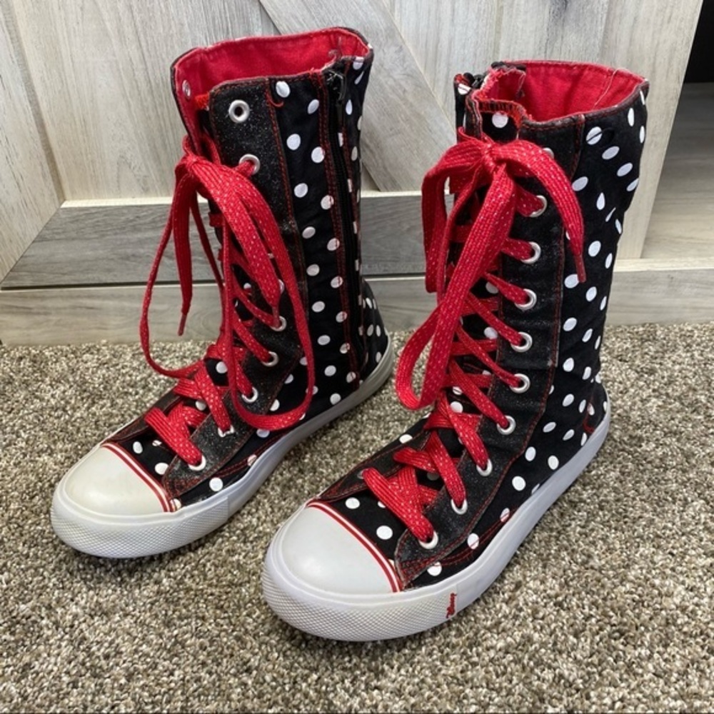 Minnie Mouse Boots  4 Girls  Black White Dot Red Lace Up 10 inch High-Tops